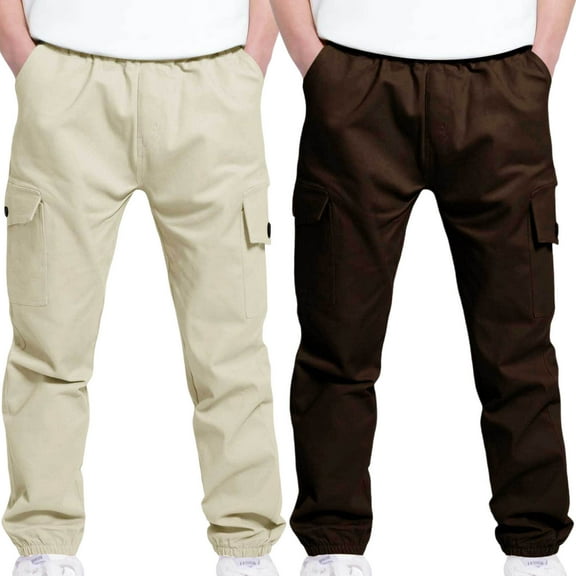 2Pc Boys Children's Cargo Pants Casual Multiple Pockets Elastic Waist Drawstring Sports Pants Exercise Athletic Outdoor Trousers Brown 6 Years