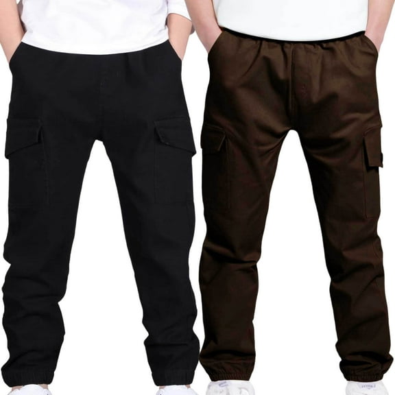 2Pc Boys Children's Cargo Pants Casual Multiple Pockets Elastic Waist Drawstring Sports Pants Exercise Athletic Outdoor Trousers Brown 8 Years