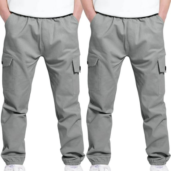 2Pc Boys Children's Cargo Pants Casual Multiple Pockets Elastic Waist Drawstring Sports Pants Exercise Athletic Outdoor Trousers Gray 8 Years