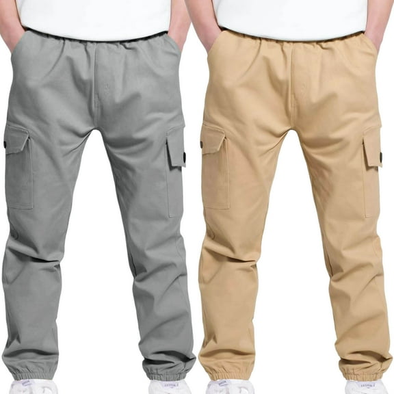 2Pc Boys Children's Cargo Pants Casual Multiple Pockets Elastic Waist Drawstring Sports Pants Exercise Athletic Outdoor Trousers Khaki 8 Years