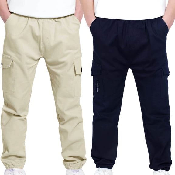 2Pc Boys Children's Cargo Pants Casual Multiple Pockets Elastic Waist Drawstring Sports Pants Exercise Athletic Outdoor Trousers Navy 4 Years