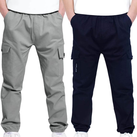Husipze 2Pc Boys Children's Cargo Pants Casual Multiple Pockets Elastic Waist Drawstring Sports Pants Exercise Athletic Outdoor Trousers Navy 8 Years