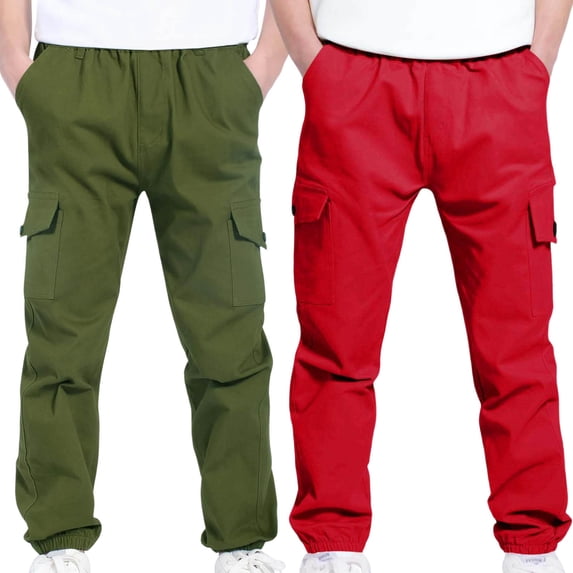 2Pc Boys Children's Cargo Pants Casual Multiple Pockets Elastic Waist Drawstring Sports Pants Exercise Athletic Outdoor Trousers Red 4 Years