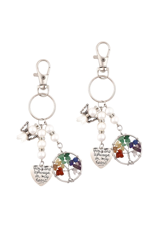 2Pc Chakra Tree Of Life Natural/Synthetic Mixed Stone Pendant Keychain with Pearl Angel Charms and Heart with Word Charms for Woman Man Platinum 8.9cm