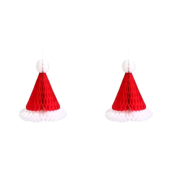 2Pc Christmas 3D Honeycomb Paper Ornaments, Hanging Santa Hat Paper Decorations, Foldable Paper Snowflake Hanging Decor, Winter Holiday Ceiling Hangings, Xmas Paper Craft Party Supplies