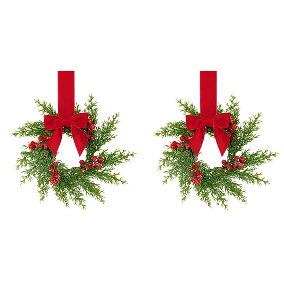 2Pc Christmas Norfolk Pine Kitchen Cabinet Wreaths for Kitchen with Ribbon Bows Red Berry Small Window Wreath for Window Door Farmhouse Christmas Party Decorations