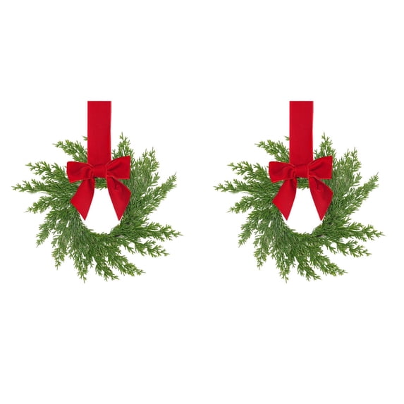 2Pc Christmas Norfolk Pine Kitchen Cabinet Wreaths for Kitchen with Ribbon Bows Small Window Wreath for Window Door Farmhouse Christmas Party Decorations