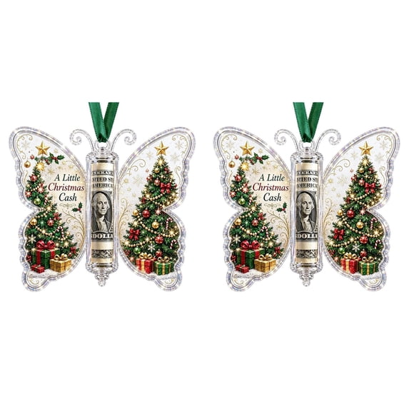 2Pc Christmas Tree Cash Holder Ornaments, Clear Acrylic Butterfly Design Cash Tube Holder With Hanging Ribbon For Holiday, Tree Wreath And Gift Giving