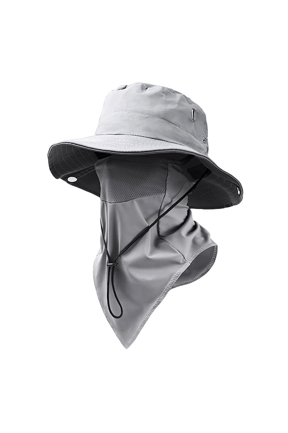 2Pc Detachable Sun Protection Bucket Fisherman Hat, Quick Dry Nylon Breathable Mesh Vent Windproof Chin Strap Removable Face Mask Neck Flap Foldable Outdoor Sun Hat for Fishing Hiking Camping,Gray