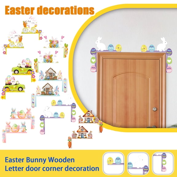 2Pc Easter Decoration Supplies Rabbit Wooden Letter Ornament Colorful Letter Rabbit Door Corner Decoration Easter Door Topper Bunny Door Frame Corner Decoration Spring Sign Rabbit Wooden Decor Easter