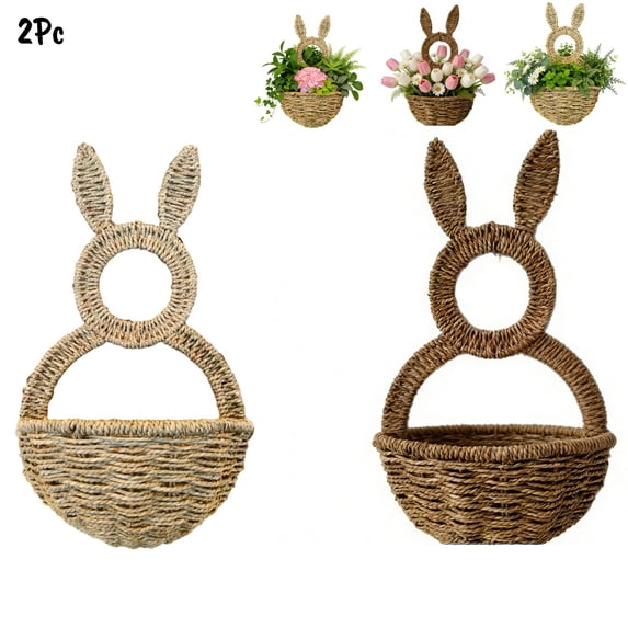 2Pc Easter Decortive Bunny Hanging Woven Basket,15X8.6"Open-Style Rattan Door Decor For Floral Bouquets,Easter Bunny Baskets Hang In Wall Bags,Holiday Treats & Indoor/Outdoor Spring Decoration