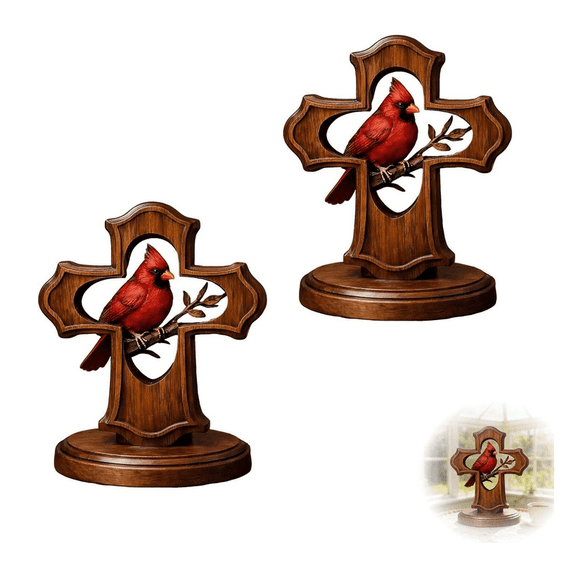 2Pc Handcrafted Cardinal Cross Ornament, Wooden Memorial Gift with Crimson Hue Branch Design, Spirited Wooden Cardinal Ornament Memorial for Home, Office or Church Decor
