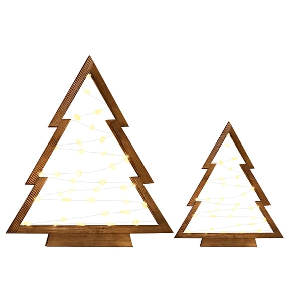 2Pc Lighted Christmas Tree Figurines Wooden Christmas Tree Light For Desk,Wood Yellow