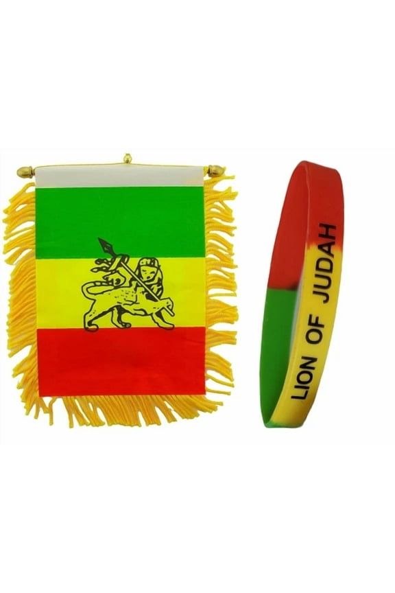 2Pc. Lion Of Judah Mini Ethiopia Banner Flag Car Home Window Rear Bracelet Rasta