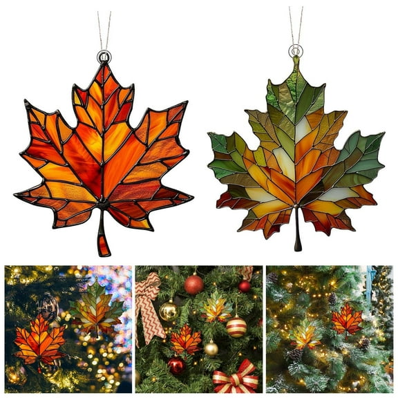 2Pc Maple Leaf Stained Acrylic Window Hanging Ornament Fall Leaves Wall Art Panel Maple Leaf Pendant For Fall Thanksgiving Festival Party Supplies Red,Green 【High-Quality Version】