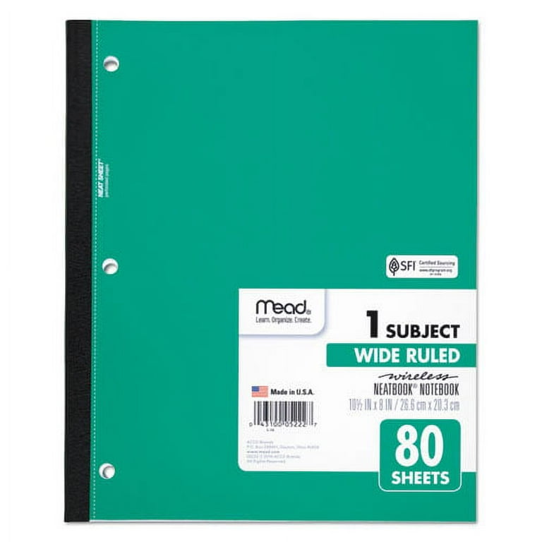 Wireless Neatbook Notebook, 1-Subject, Wide/Legal Rule, Randomly Assorted Cover Color, (80) 10.5 x 8 Sheets Wireless Neatbook Notebook, 1-Subject, Wide/Legal Rule, Randomly Assorted Cover Color, (80) 10.5 x 8 Sheets