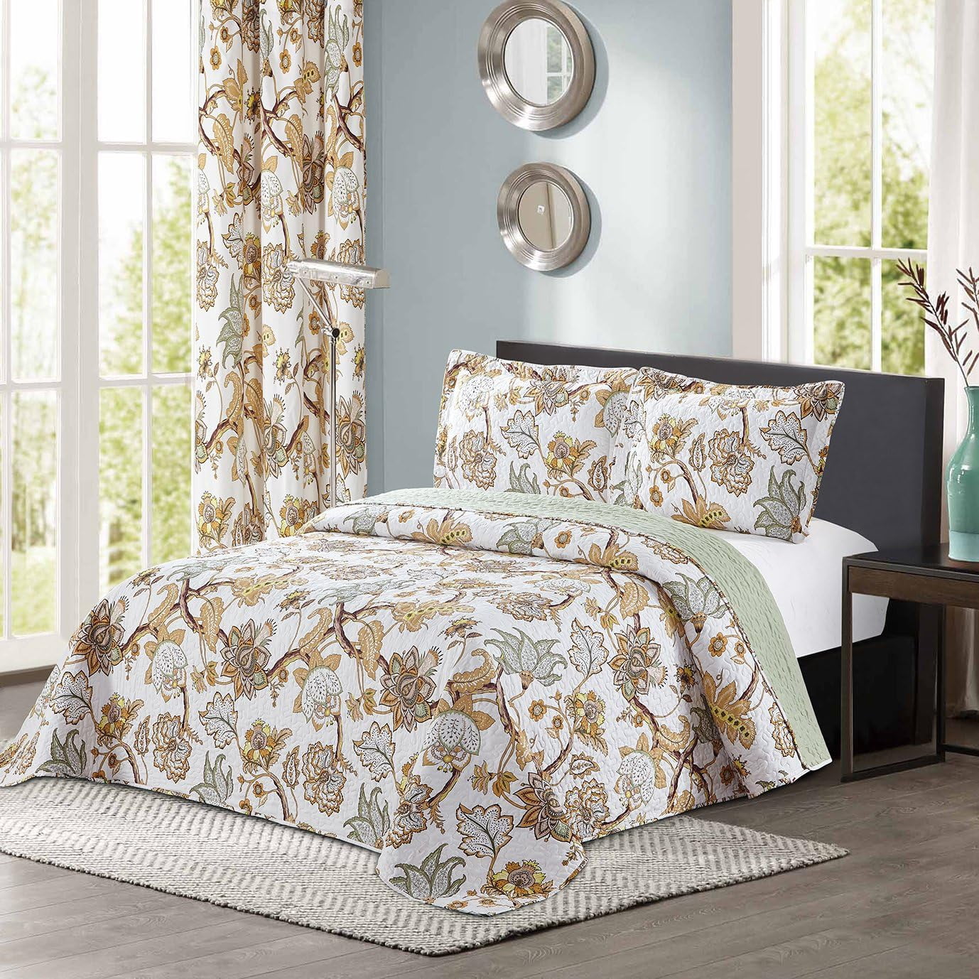 2pc Modern Reversible Floral Home Bedroom Bedspread Coverlet Quilt Set with Matching Curtains Available ( Size, Yellow)