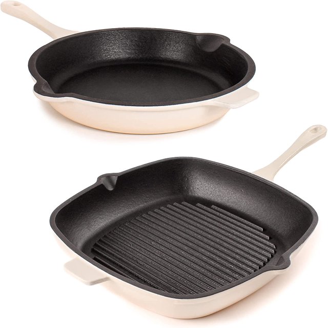 2Pc Neo Enameled Cast Iron Cookware Set, Grill Pan 11 Inches, Fry Pan