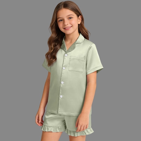 2Pc Pajamas For Girls Set Shorts Boys Summer Outfits 2026 Satin Button Down Set Silk Short Sleeve Lounge Sets With Ruffle Shorts Halloween Clothes Sleepwear Nightwear Birthday Graduation Gifts 4-14Y