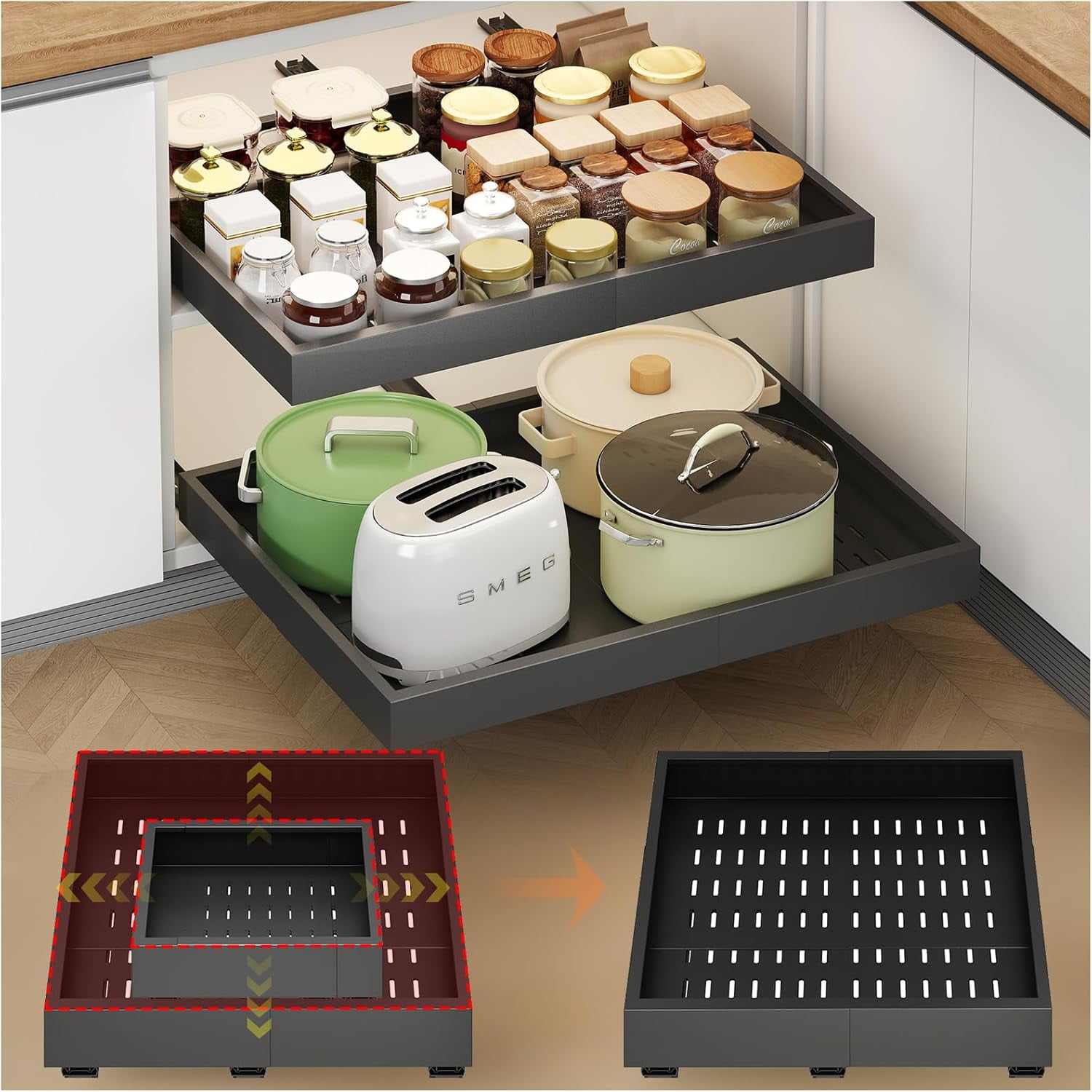 2Pc Pull out Cabinet Organizer,Width (14"-21"),Depth(17"-24 ...