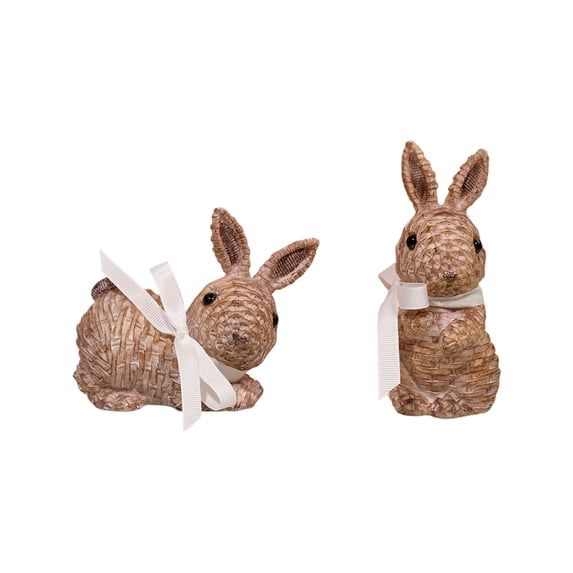 2Pc Sitting Rabbit Figurines, & Rattan Woven Craft Decor, Home Office ...