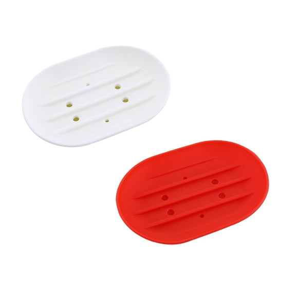2Pc Small Soap Dish, Silicone Bathroom Soap Holder Oval Shape Bar Soap Dish Self-Draining Soap Tray with Holes for Shower, Bathroom, Kitchen, Counter Top (White+Red)