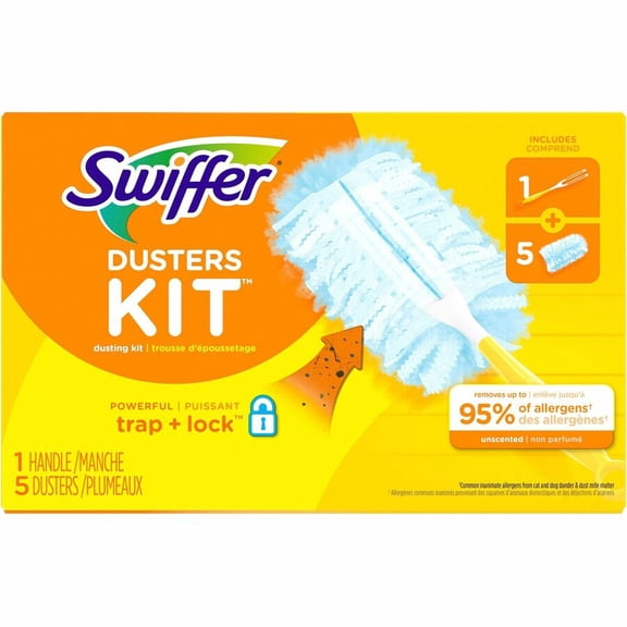 2Pc Swiffer Dusters Starter Kit Dust Lock Fiber, 6" Handle, Blue/Yellow
