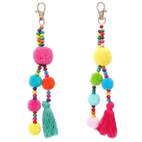2Pc Tassel Bag Charm 200mm Colored Polyester Layered Pendant Ball Chains Boho Taseel Charm Hanging Ornaments