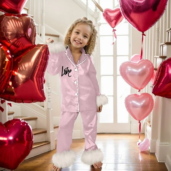 2Pc Valentines Pajamas Kids Girl Boy Fall Satin Christmas Pajamas Set Feather Trim Long Sleeve Button Down Shirts Top Pants Sleepwear Loungewear Baby Clothes Pjs Sleepwear Outfits 2-14Y Pink,10Y