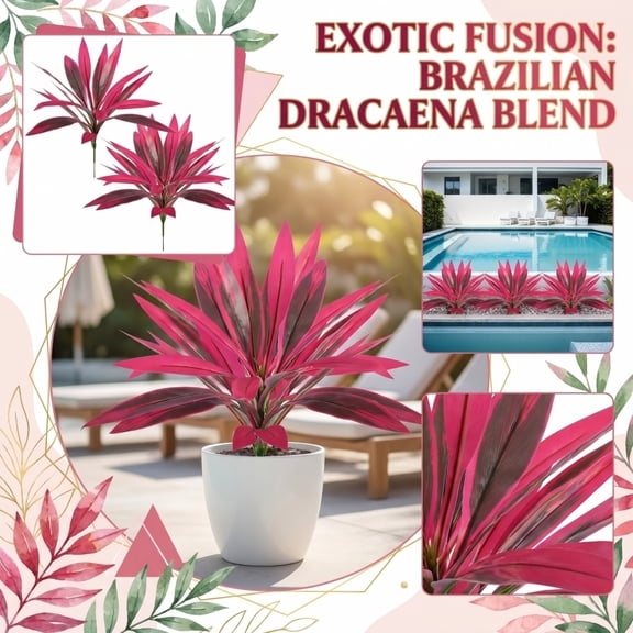 2Pc Vibrant Faux Dracaena Marginata Plant, Maintenance-Free Artificial Silk Bush for Home Office and Poolside Decor, High-Quality Plastic, Pink/Red, 24"
