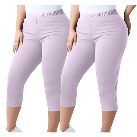2Pc Women Capri Pants Plus Size Stretch Knee Length Leggings Elastic Waist Casual Summer Ladies Pull On Capris