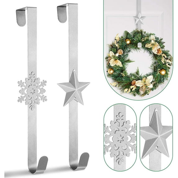 Wreath Hanger 2Pc 15 inches Christmas Wreath Holders Over the Door Metal Wreath Hook Star Snowflake Hook for Front Door Xmas Party Decor Door Wall Home Office, Silver, 15in
