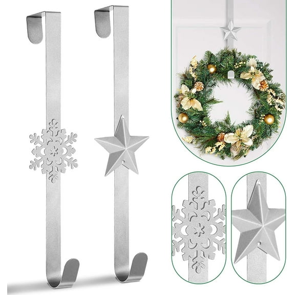 Wreath Hanger 2Pc 15 inches Christmas Wreath Holders Over the Door Metal Wreath Hook Star Snowflake Hook for Front Door Xmas Party Decor Door Wall Home Office, Silver, 15in