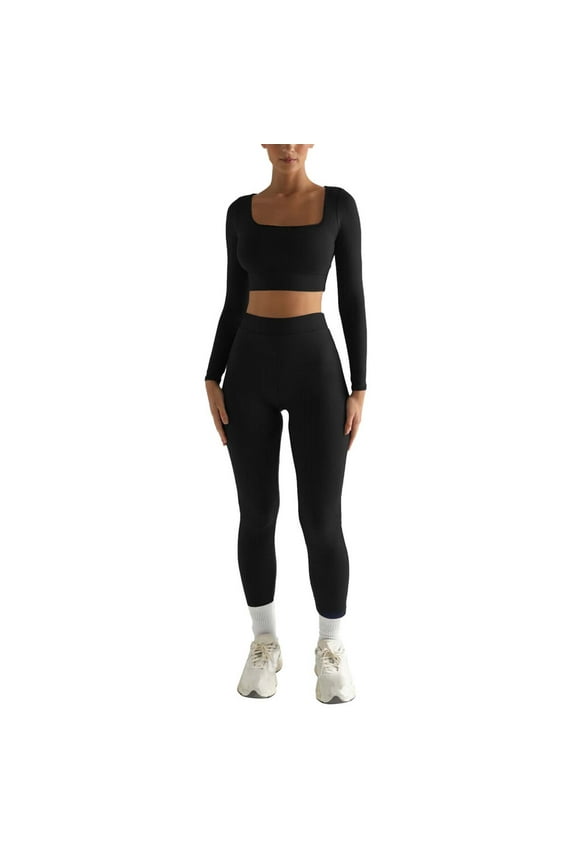 2Pc Yoga Sets For Women Women'S Fashion Casual Solid Color Long Sleeve Square Collar Two Piece Slim Yoga Sports Pants Suit Yoga Sets Yoga Package