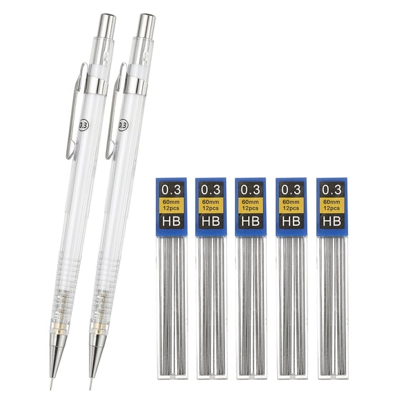 2Pcs 0.3 mm Mechanical Pencil with Refills, Plastic Drafting Pencil Artist Holder for Writing Sketching Drawing Marking Art, White