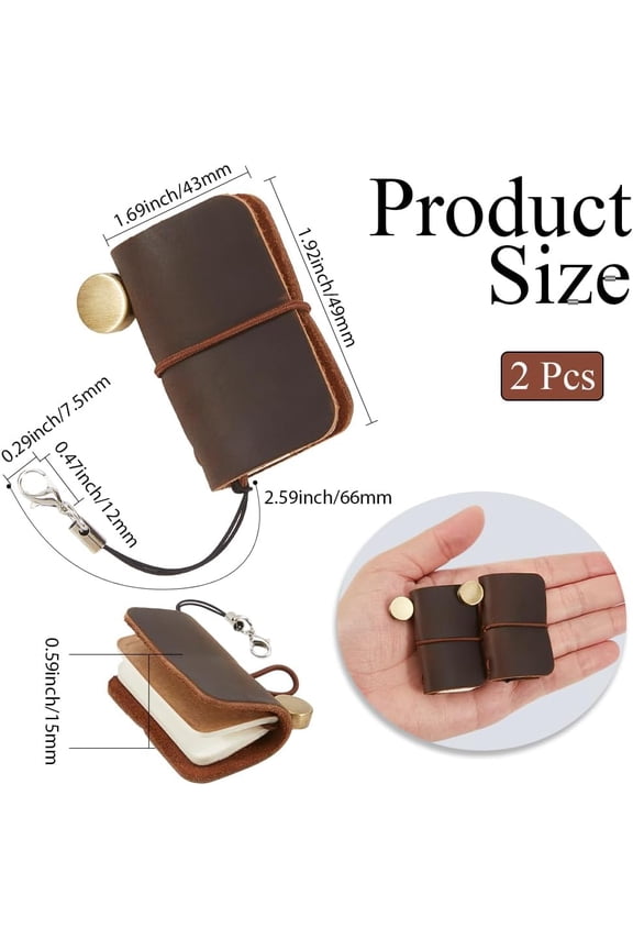 2Pcs 1.7 x 1.9inch Mini Notebook Genuine Leather Journal Bound Portable Vintage Personalized Tiny Travel Blank Pocket Diary Brown for Keychain Writing Drawing