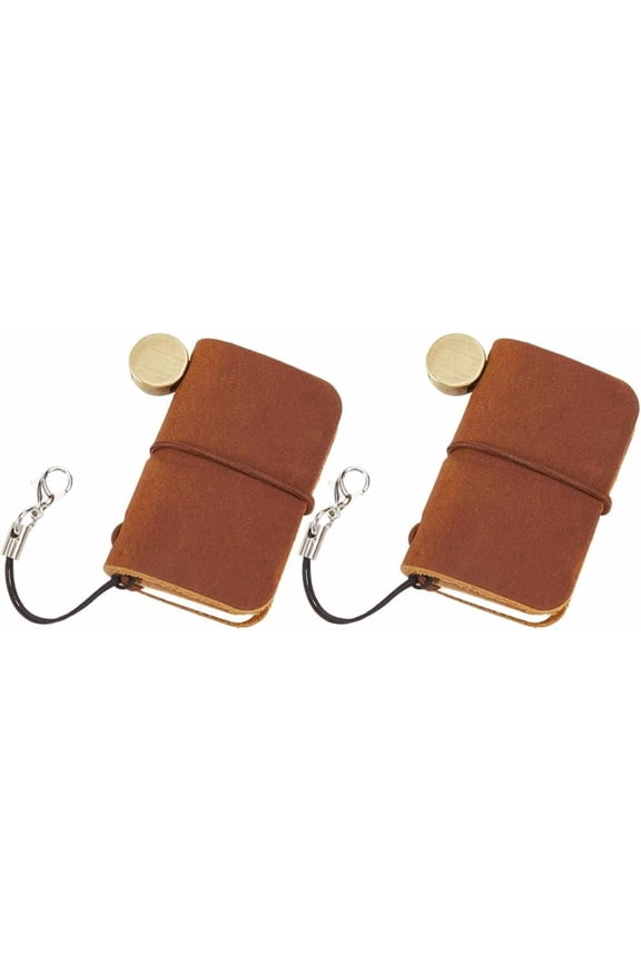 2Pcs 1.7 x 1.9inch Mini Notebook Genuine Leather Journal Bound Portable Vintage Personalized Tiny Travel Journal Blank Pocket Diary Camel for Keychain Writing Drawing Brown