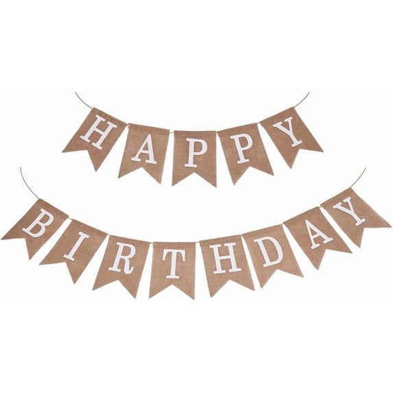 2Pcs 1 Set White Happy Birthday Sign Birthday Flag Garland 5m Long Celebration Linen Rustic Hanging Bunting Flag Fabric Country Burlap Banner Letters for Party Wall Decoration Photo Backdrop White