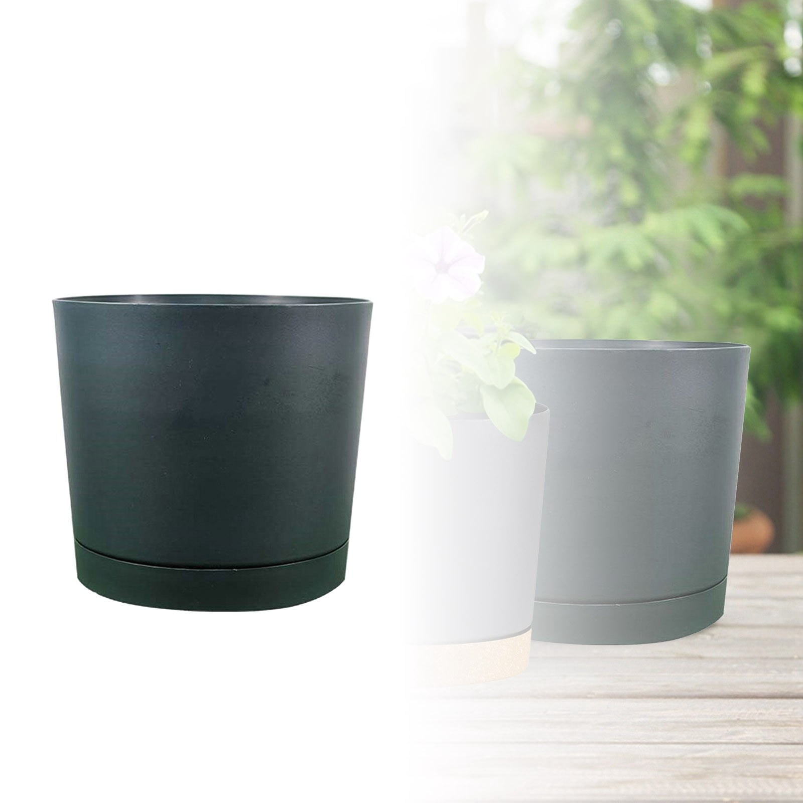 2Pcs 10" Plastic Flower Pots With Drainage Holes And Tray Thickened Round Planter For Indoor Outdoor Plants-Dark Green