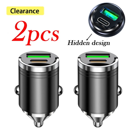 2Pcs 100W Mini Super Fast Car Charger Adapter - Dual Port USB A & Type C for iPhone Samsung Android, 12V/24V Vehicle Compatible