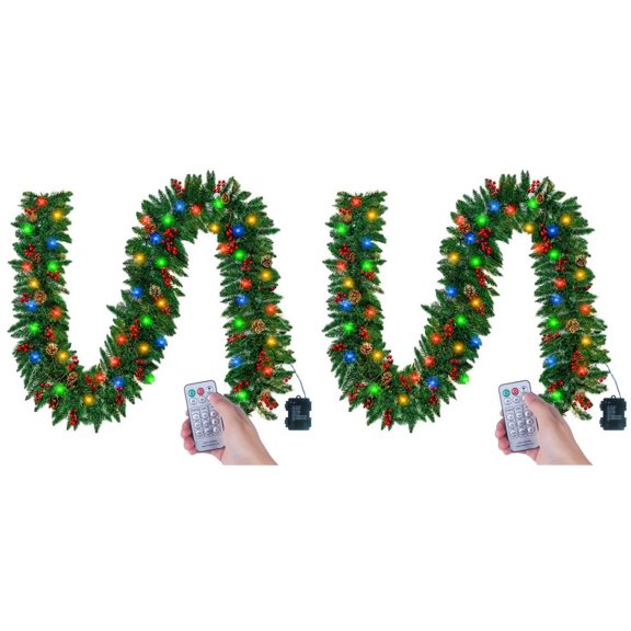 2Pcs 10ft Berry & Pinecone Garland, Multicolor LED Lights with Remote for Mantle, Staircase, and More