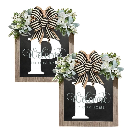 2Pcs 11.8"X11.8" Personalized Last Name Welcome Sign, Door Wreaths for Front Door Outside, Spring Wreath for Front Door Decor, Farmhouse New Home Gifts for Home (P) Home Decor Happy 2026!