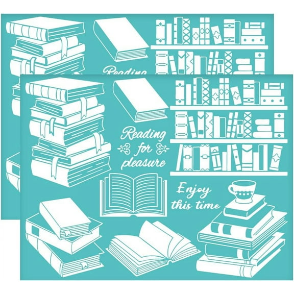 2Pcs 11x8.6 Inch Book Theme Self-Adhesive Silk Screen Printing Stencil Bookshelf Silk Screen Stencil Enjoy Reading Time Reusable Mesh Stencils Transfer 2pcs
