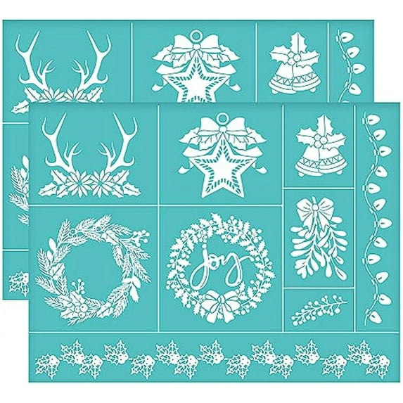 2Pcs 11x8.6 Inch Christmas Themed Self-Adhesive Silk Screen Printing Stencil Christmas Silk Screen Stencil Elk Antler Wreath Bell Pattern Mesh Stencils