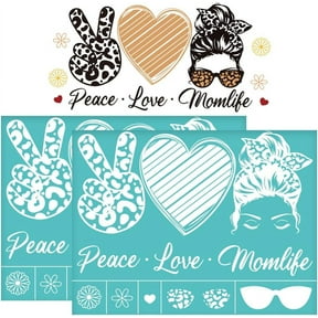 2Pcs 11x8.6 Inch Mother's Day Silk Screen Printing Stencil Self-Adhesive Silk Screen Stencil "Peace Love Momlife" Mesh Transfer Heart Sunglasses Stencils
