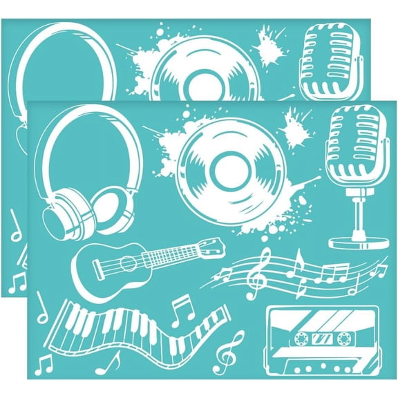 2Pcs 11x8.6 Inch Music Self-Adhesive Silk Screen Printing Stencil Tape Notes Guitar Silk Screen Stencil Music Theme Reusable Mesh Stencils Transfer for DIY T-Shirt Fabric Painting for DIY