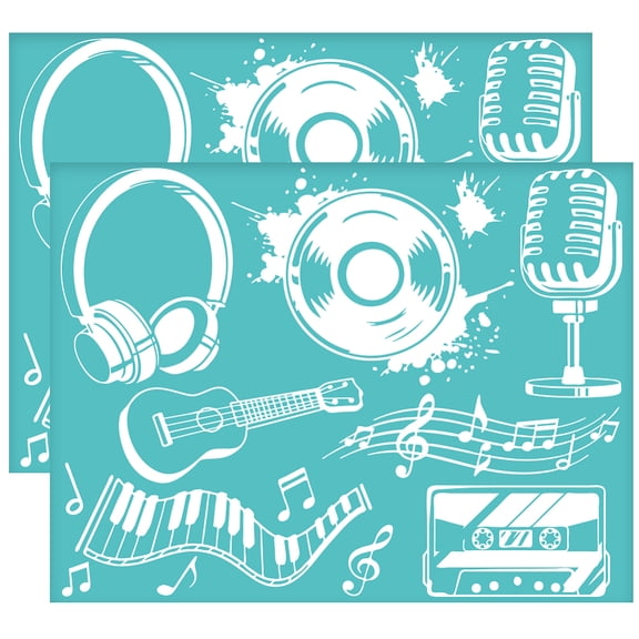 2Pcs 11x8.6 Inch Music Self-Adhesive Silk Screen Printing Stencil Tape Notes Guitar Silk Screen Stencil Music Theme Reusable Mesh Stencils Transfer