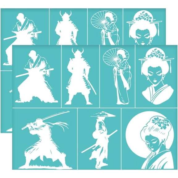 2Pcs 11x8.6 Inch Swordsman Self-Adhesive Silk Screen Printing Stencil Geisha Mesh Stencils Oriental Arts Theme Reusable Mesh Stencils Transfer
