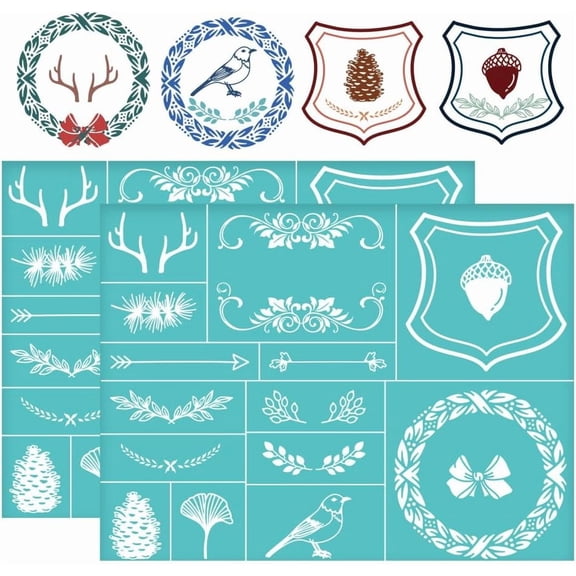 2Pcs 11x8.6 Inch Wooden House Self-Adhesive Silk Screen Printing Stencil Lable Plant Antlers Mesh Stencils Lable Theme Reusable Mesh Stencils Transfer DIY