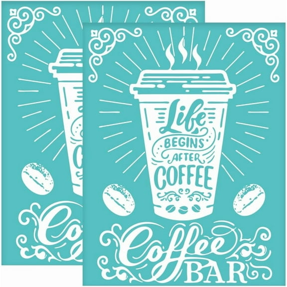2Pcs 11x8.6Inch Coffee Pattern Self-Adhesive Silk Screen Printing Stencil Coffee Cup Coffee Bar Pattern Mesh Stencils